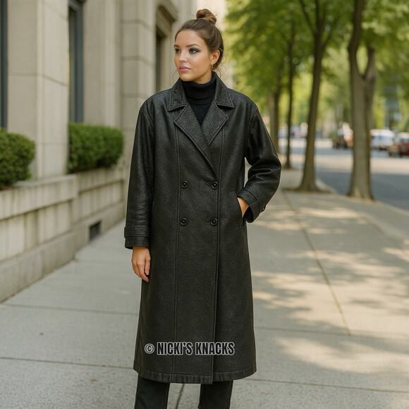 Vintage Pelle Cuir Black Embossed 100% Leather Trench Coat Shoulder Pads Size L - Picture 1 of 16